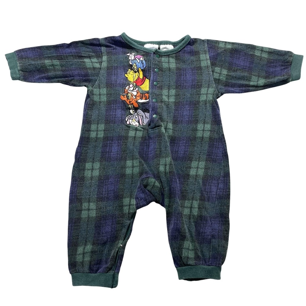 Disney Store Coverall Infant Boys 12M Green Plaid Pooh Tigger Eeyore Flannel VTG